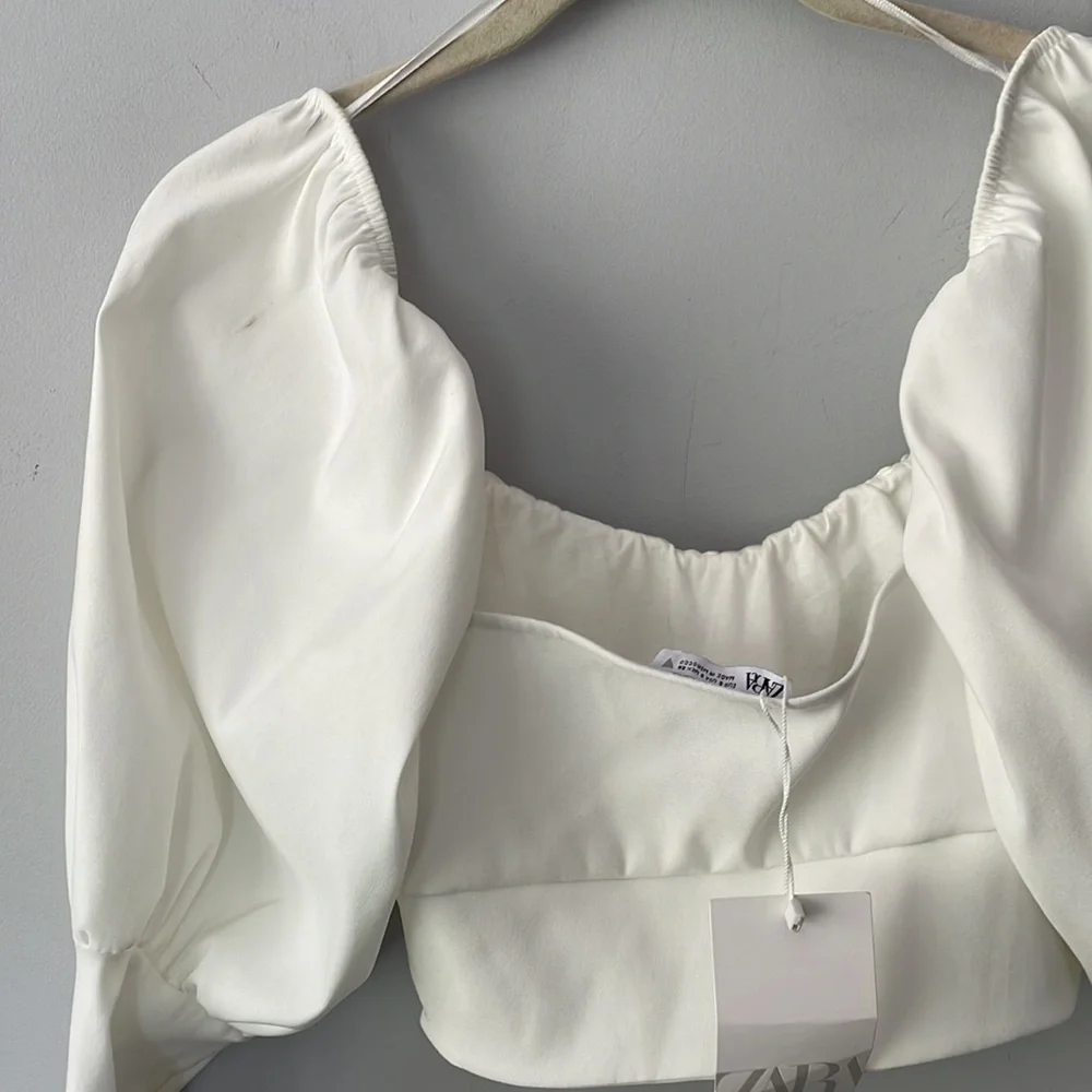 Zara White Puff Sleeve Crop Top Blouse